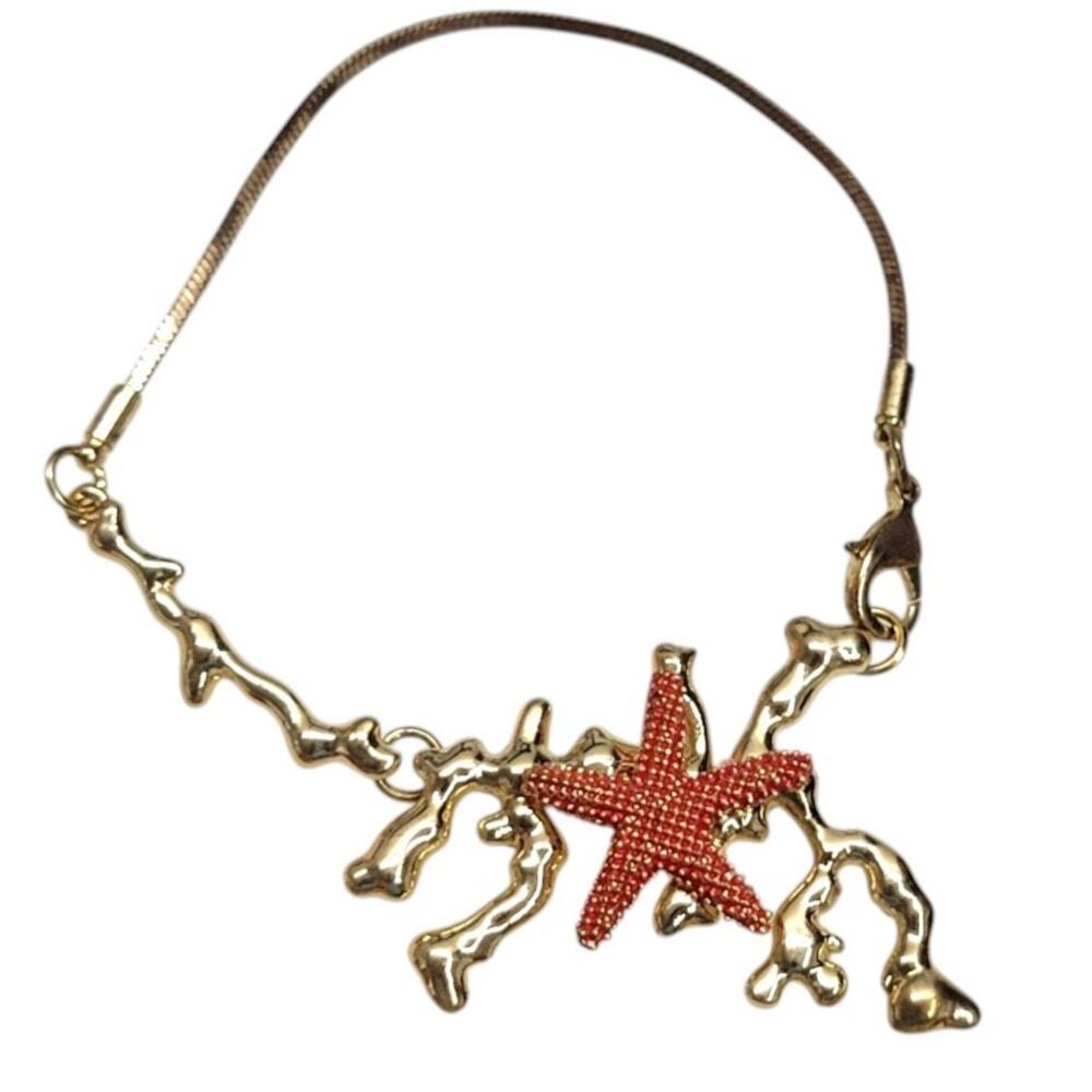 Vintage Gold Tone Coral Starfish Snake Chain Bracelet Nautical Beach Red Enamel